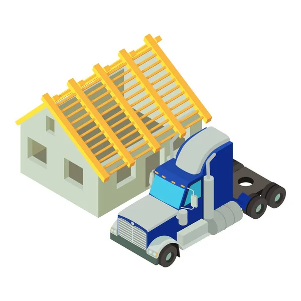 Icono Trabajo Construcción Vector Isométrico Camión Semirremolque Casa Sin Terminar — Vector de stock