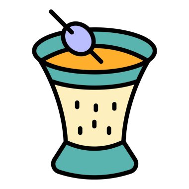 Zeytin kokteyli ikonu ana hatları vektörü. Yağ yiyecekler. Bakire ekstra renk düz