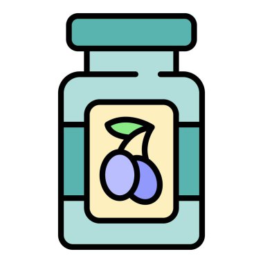 Zeytin kavanozu ikonu ana hatları vektörü. Yağ yiyecekler. Bakire bitki rengi düz