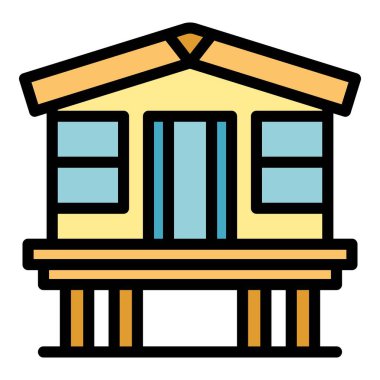 Ev simgesi ana hat vektörü. Kulübe ormanı. Stilt kulübe rengi düz