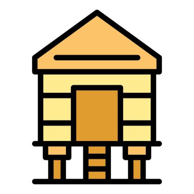 Tropikal villa ikonu ana hat vektörü. Orman kulübesi. Plaj bataklığı rengi düz