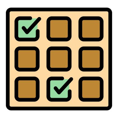 Onaylanmış quiz ikonu ana hatları vektörü. Kelime eğitimi. Zaman kontrol listesi rengi düz