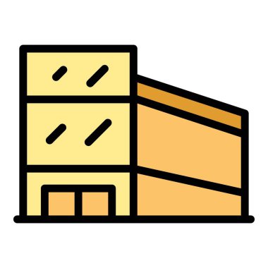 Şehir binası ikon ana hatları vektörü. İş merkezi. Alışveriş merkezi perakende rengi düz