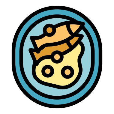 Balık yemi ikonu ana hatları vektörü. Turta yemeği. Yumurta renginde düz