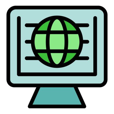 Global web sayfası ikon ana hatları vektörü. Sunucu sistemi. Çevrimiçi güvenlik rengi düz