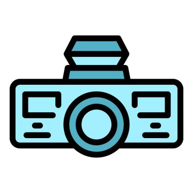 Film projektörü ikon ana hatları vektörü. Araba ekranı. Sinema gösterisi rengi düz