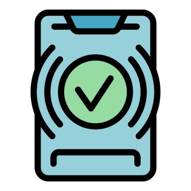 Telefon uygulaması onay ikonu ana hatları vektörü. Kredi finansmanı. Para damgası rengi düz