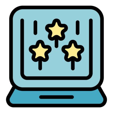 Dizüstü bilgisayar ikonu ana hatları vektörünü zevkle. Mutlu insan. İnsanlar eğlenceli renk düzlüğü