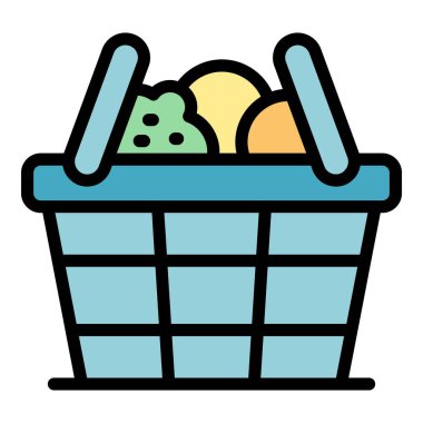 Alışveriş sepeti ikonu ana hatları vektörü. Kafe işi. Bar yemek rengi düz