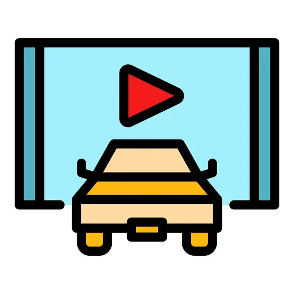 エアカーシネマアイコンアウトラインベクター オートドライブ スクリーン フィルム色フラット — ストックベクタ