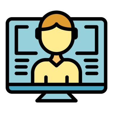 Çevrimiçi monitör ikon ana hatları vektörü. Banka yönetimi. Kişisel kredi rengi düz