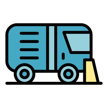 Makine süpürme simgesi ana hatları vektörü. Sokak kamyonu. Yol temizleme rengi düz