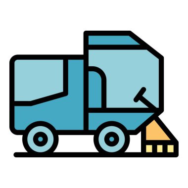 Sıvı temiz kamyon ikonu ana hatları vektörü. Sokak temizliği. Makine tozu rengi düz