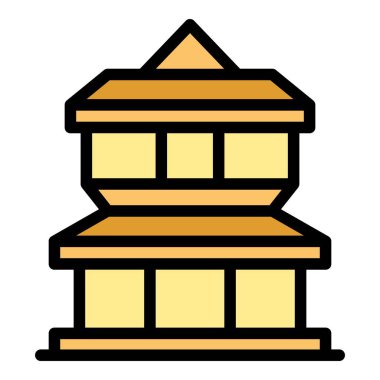 Skyline tapınak ikonu ana hat vektörü. Nepal seyahati. Eski bina rengi düz