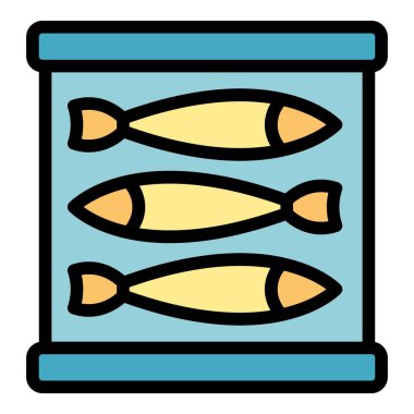 Ringa balığı teneke kutu ana hatları vektörü. Yağ yiyecekler. Deniz kutusu rengi düz