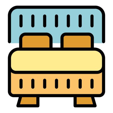 Yatak ikonu ana hatları vektöründe iç. Kahve yiyecekler. Sabah çayı rengi düz.