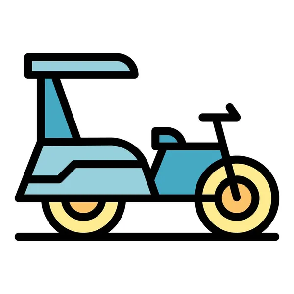 运输三轮车图标轮廓矢量 老太婆 印度自行车的颜色平坦 — 图库矢量图片