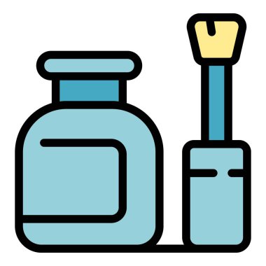 Tırnak cilası şişe ikonu ana hatları vektörü. Parmak pedikürü. Sanat stüdyosu rengi düz