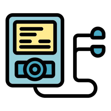 Müzik çalan spor salonu ikonu ana hatları vektörü. Bilgi aygıtı. Kalori mobil rengi düz