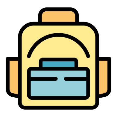 Sırt çantası yiyecek ikonu ana hatları vektörü. Okul yemeği. Konteynır atıştırma rengi düz