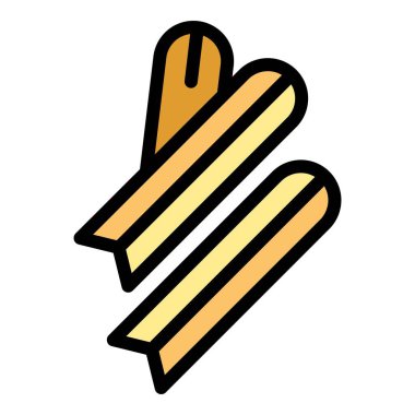 Restoran churro ikonu ana hatları vektörü. Çikolata yiyecekler. Meksika tatlı rengi düz