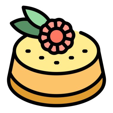 Kek ikonu ana hatları vektörü. Peynirli kek. Şekerli yemek rengi düz