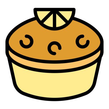 Limonlu kek ikonu ana hatları vektörü. Kremalı turta. Cheesecake tatlı rengi düz