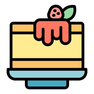 Yemek keki ikonu ana hatları vektörü. Tatlı turta. Restoran kiraz rengi düz