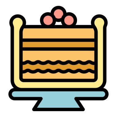 Yemek keki ikonu ana hatları vektörü. Turta kreması. Tatlı rengi düz.