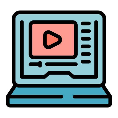 Laptop çevrimiçi ders simgesi ana hatları vektörü. Eğitim semineri. Başarı ders rengi düz