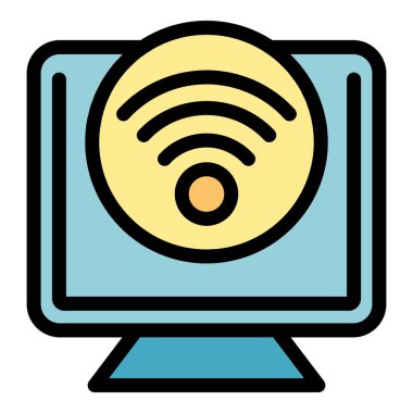 Uzaktan kumanda monitörü ikon ana hatları vektörü. Kamera kablosuz interneti. Akıllı kutu rengi düz