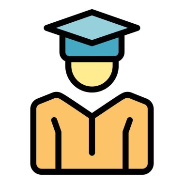 Çocuk mezuniyet ikonu ana hatları vektörü. Çocuk eğitimi. Okul dönüş rengi düz