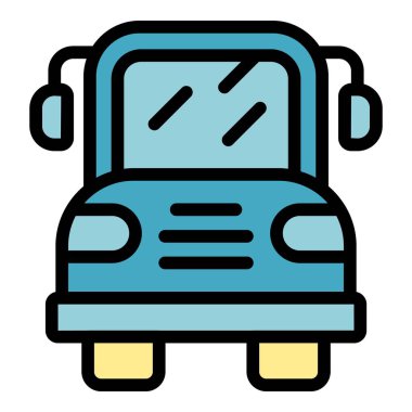 Yeni okul otobüsü ikonu ana hatları vektörü. Yüz koruması. Öğrenci güvenliği rengi düz