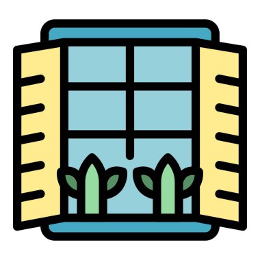 Pencere bahçesi ikonu ana hat vektörü. Kapalı alan bitkisi. Ev rengi düz