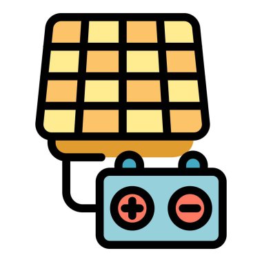 Güneş paneli pil ikonu ana hat vektörü. Çevre enerjisi. Güç kaynağı rengi düz