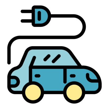 Elektrikli araba ikonu ana hat vektörü. Ekoloji enerjisi. Eko araba rengi düz