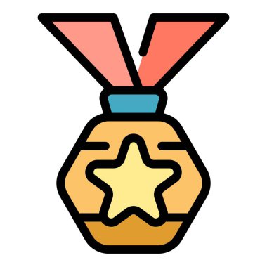 Madalya ödülü ikonu ana hatları vektörü. Başarı kazandı. Kazanan dizayn rengi düz