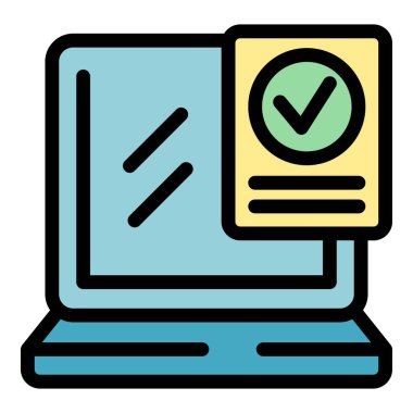 Laptop garanti simgesi ana hatları vektörü. Sertifika kartı. Güvenlik belgesi rengi düz