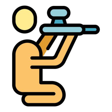 Paintball oyuncusu ikon ana hatları vektörü. Top tabancası. Oyun eylem rengi düz