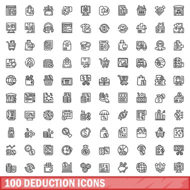 100 çıkarım simgesi ayarlandı. Beyaz arkaplanda izole edilmiş 100 çıkarım simgesi vektörünün taslağı