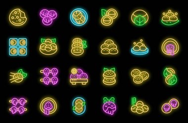 Mochi simgeleri dış hat vektörünü ayarlar. Japon yemeği. Siyah üzerine olay menüsü neon rengi