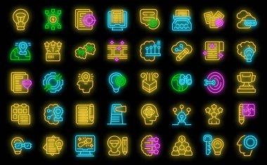 Yaratıcı düşünme simgeleri ana hatları belirler. Fikir çözümü. Siyah üzerine ampul yaratıcı neon rengi