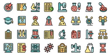 Okul laboratuvar simgeleri ana hatları belirledi. Fen dersi. Kimyasal laboratuvar ince çizgi beyaz üzerine düz renk