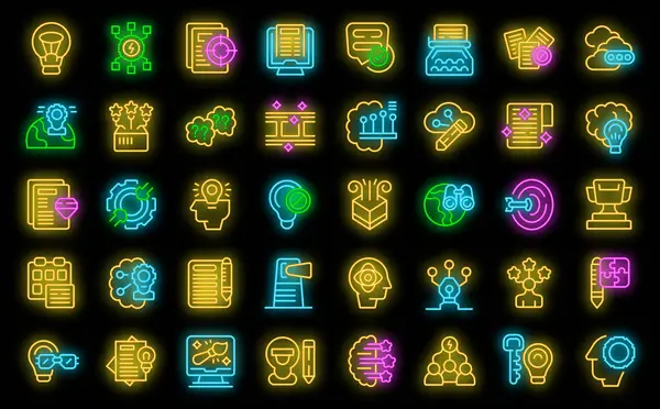 Kreatives Denken Icons Setzen Umrisse Vektor Ideallösung Glühbirne Kreative Neonfarbe — Stockvektor