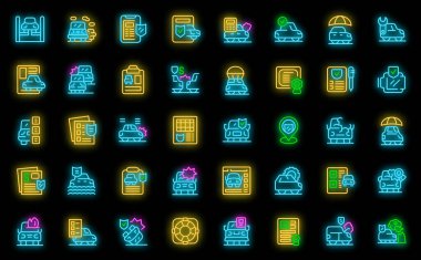 Araba sigortası ikonları ana hatları belirler. Otomatik güvenlik. Siyah üzerine neon rengi biçimlendir