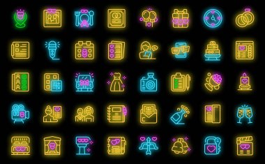 Düğün planlama simgeleri ana hatları belirler. Kadın kız. Olay adamı siyah üzerine neon rengi