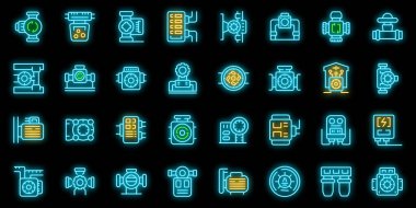 Su sirkülasyon pompası ikonları ana hat vektörünü ayarlar. Tedavi merkezi mi? Bitki tankı neon rengi siyah üzerine