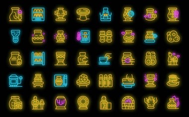 Çömlek dersleri simgeleri ana hatları belirler. Kadın insanlar. Siyah üzerine hobi çalışması neon rengi