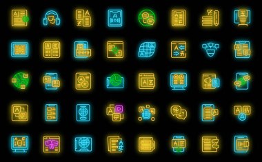 Çevirmen uygulama simgeleri ana hat vektörünü ayarladı. Uygulama ağı. Siyah üzerine insan sitesi neon rengi