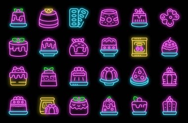 Jelatin simgeleri dış hat vektörünü ayarlar. Sağlıklı tatlı. Lezzetli çocuklar siyahta neon rengi